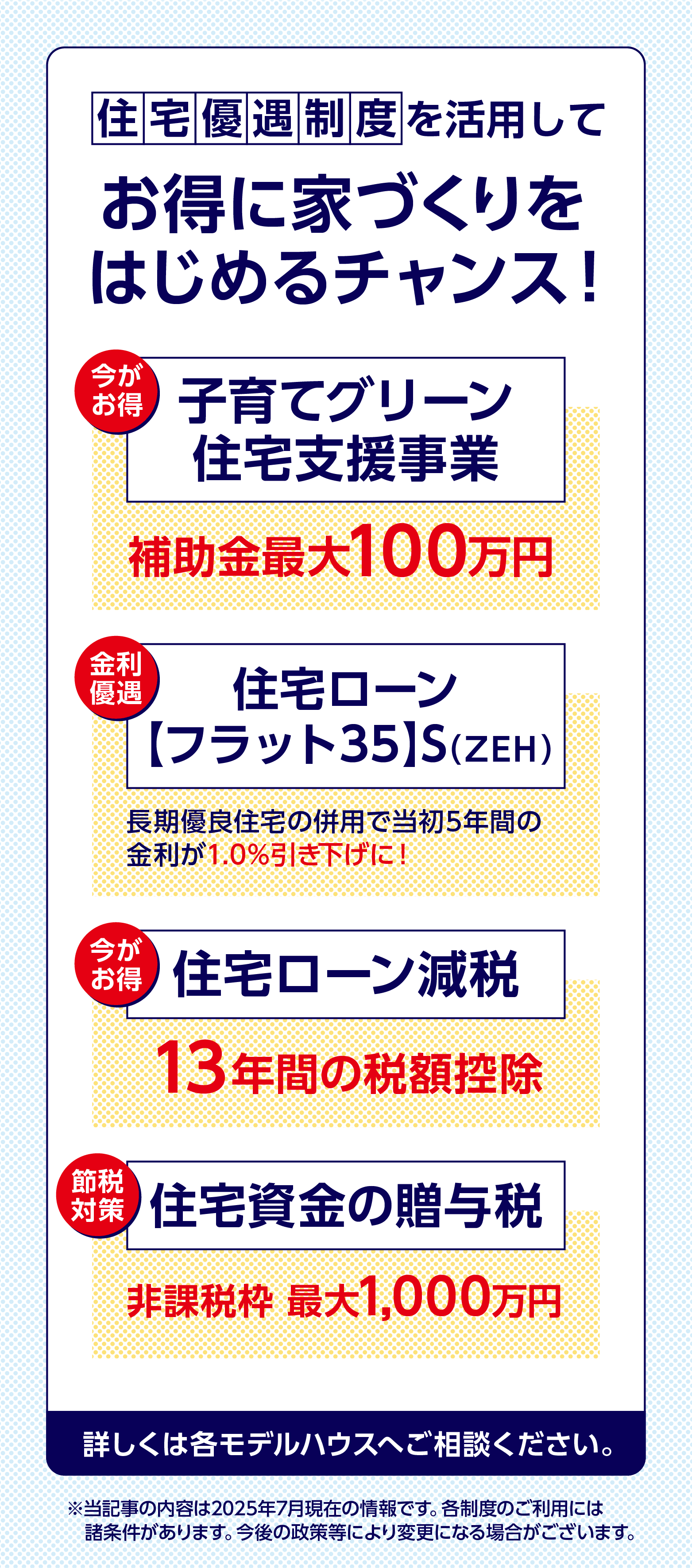 住宅優遇制度を活用してお得に家づくりをはじめるチャンス！