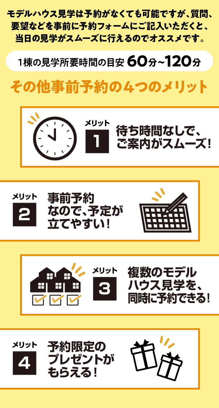 その他事前予約の4つのメリット ①待ち時間なしで、ご案内がスムーズ！ ②待事前予約なので、予定が立てやすい！ ③事前情報で打ち合わせがスムーズ！ ④予約限定のプレゼントがもらえる！