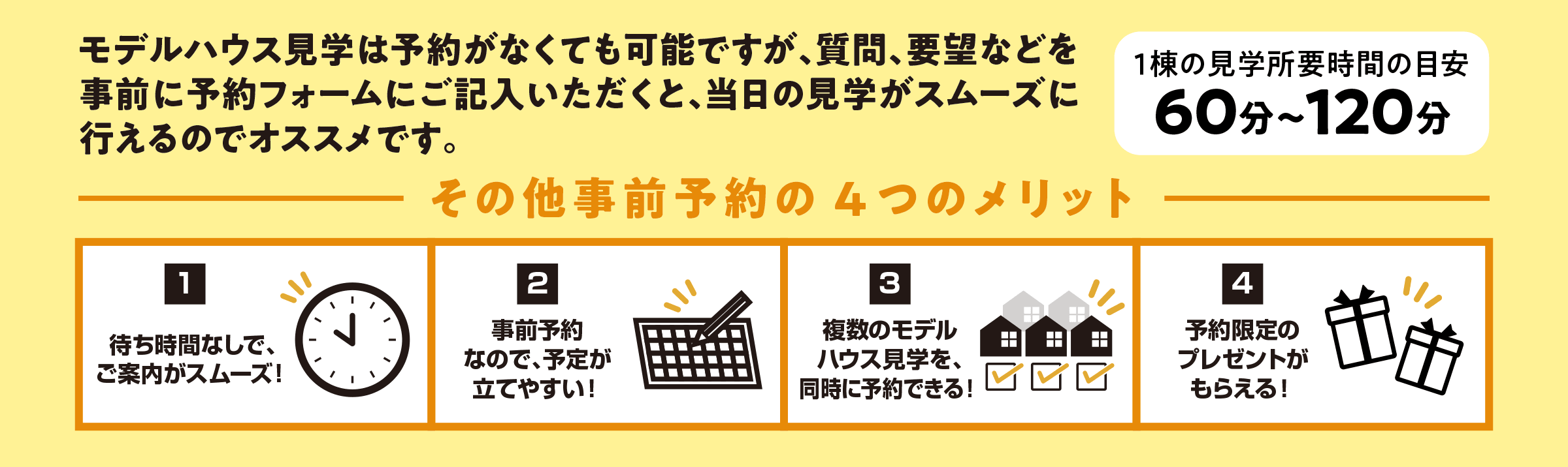 その他事前予約の4つのメリット ①待ち時間なしで、ご案内がスムーズ！ ②待事前予約なので、予定が立てやすい！ ③事前情報で打ち合わせがスムーズ！ ④予約限定のプレゼントがもらえる！