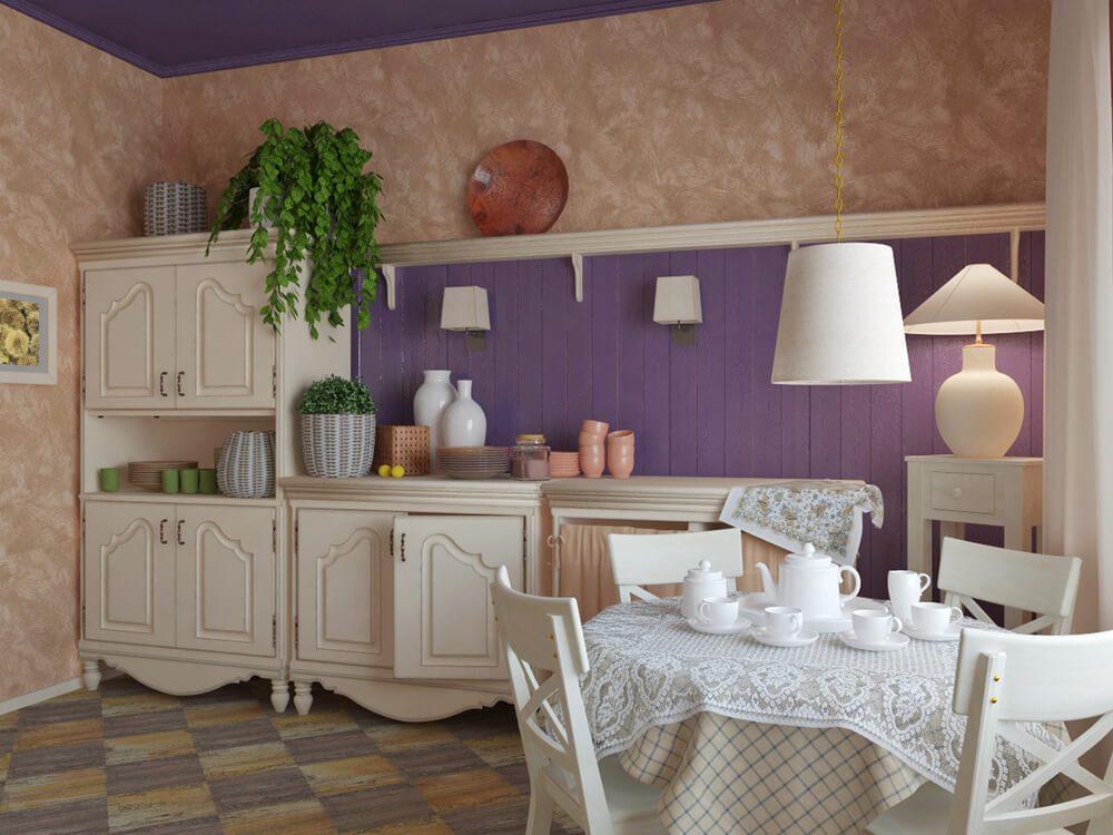 紫とピンクでまとめられたフレンチスタイルのキッチン